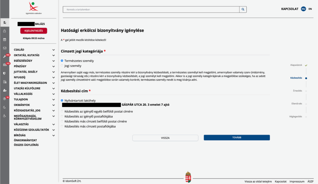 Erkölcsi bizonyítvány igénylése negyedik lépés: kézbesítési adatok