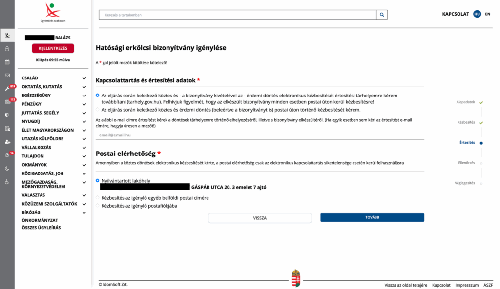 Erkölcsi bizonyítvány igénylése ötödik lépés: kapcsolattartási adatok beállytása