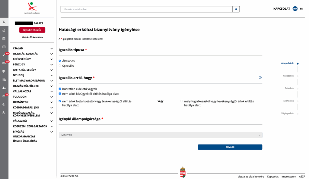 Második lépés: alapadatok beállítása